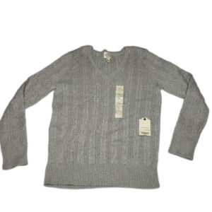 St. Johns Bay V-Neck Sweater Womens Cable Knit Long Sleeve Pullover Large Grey